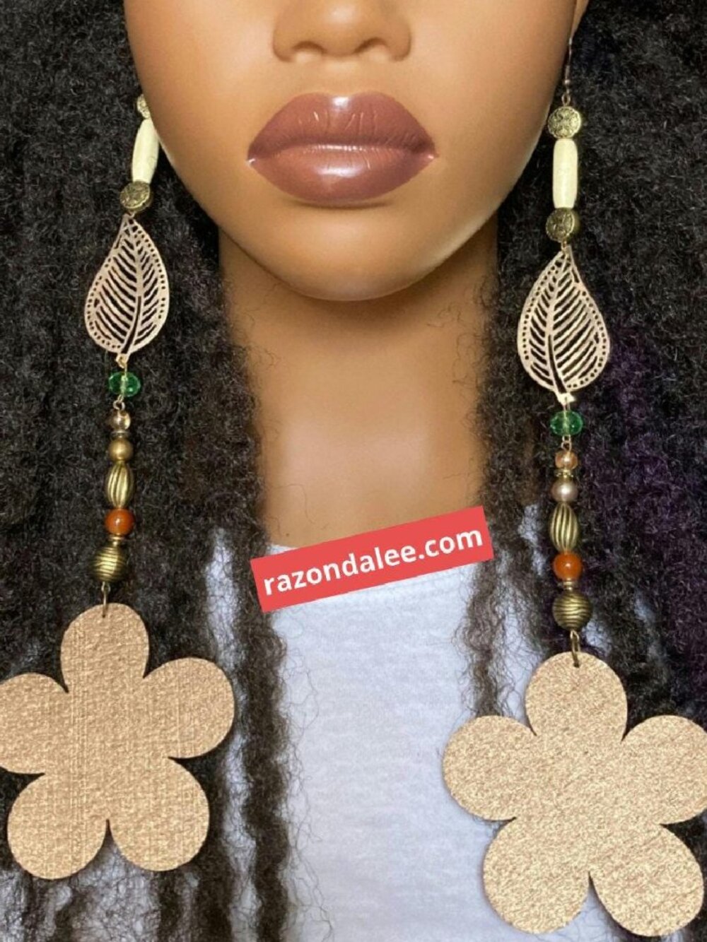 Elongated Dangle Earrings Wooden Flowers